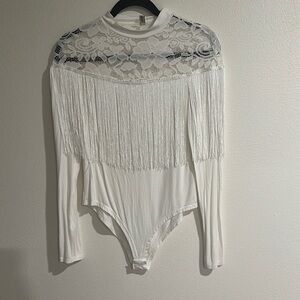 White Lace Embellished Bodysuit with Bib Collar